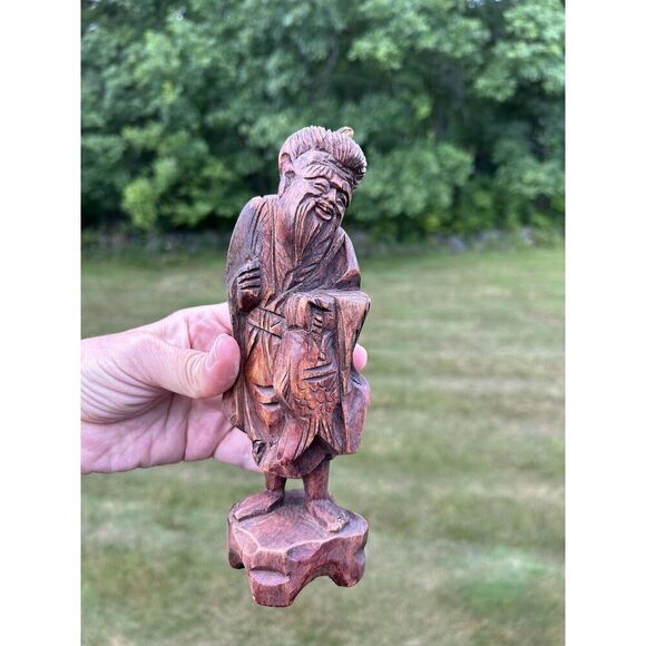 Vintage Antique Chinese Taiwan Carved Wood Male Statue Figurine Netsuke - Picture 7 of 11